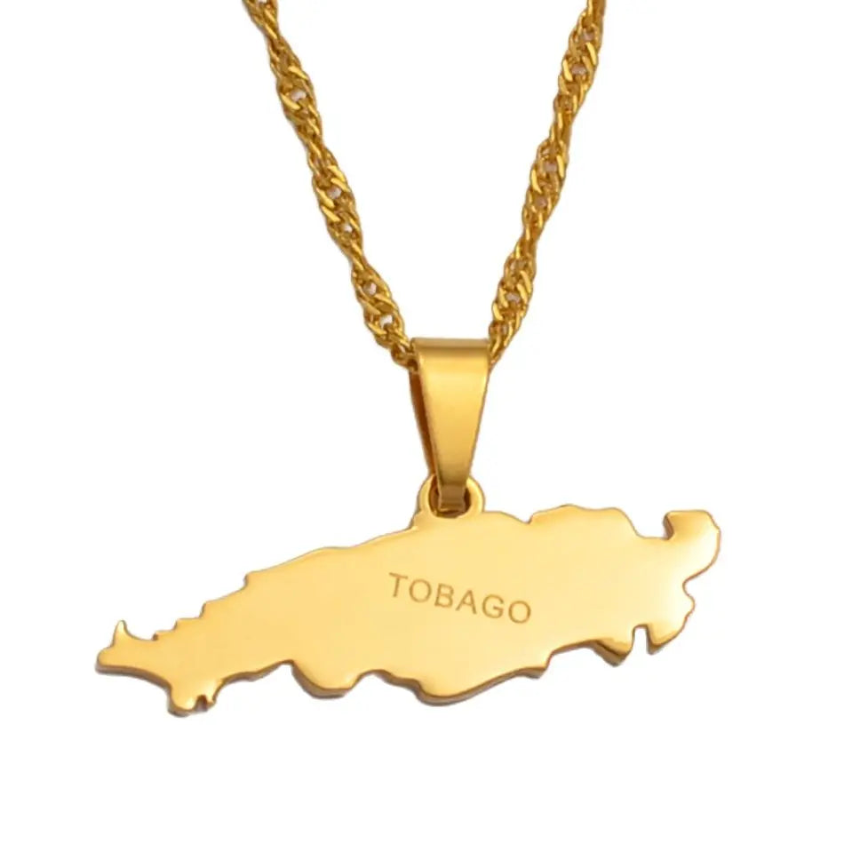 Gold map-shaped pendant necklace of Tobago on a white background.