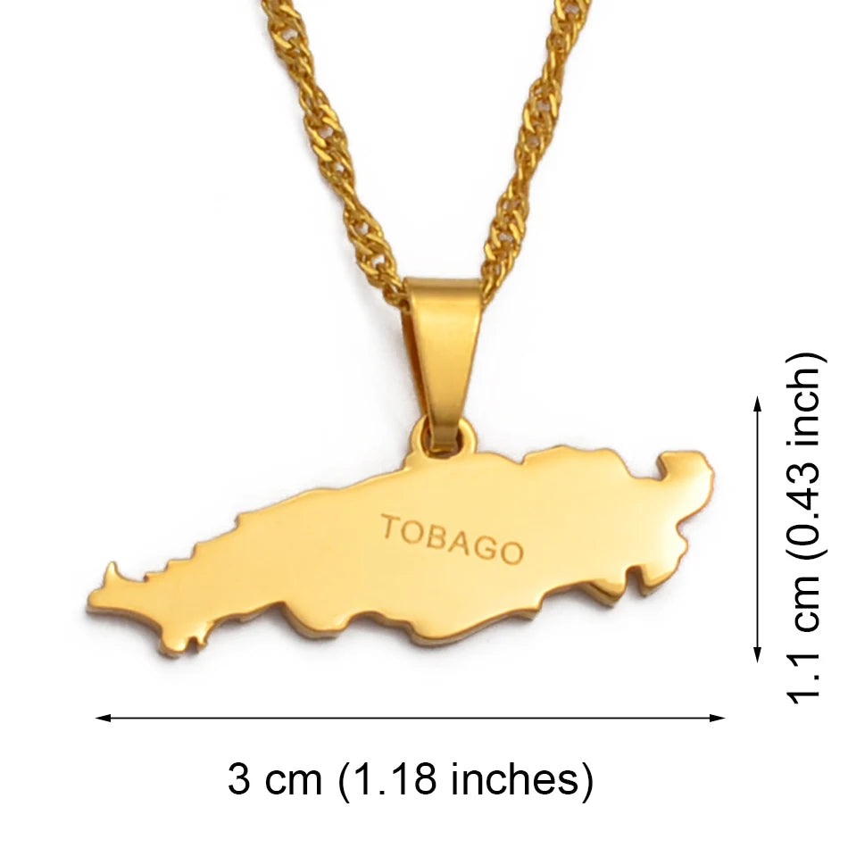 Gold map-shaped pendant necklace of Tobago on a white background, with dimension lines and text showing 3 cm width and 1.1 cm height.